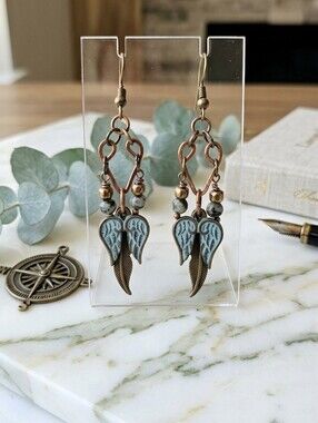 Hand Crafted By Me, Elegant Patina Color and Copper Angel Wing Earrings